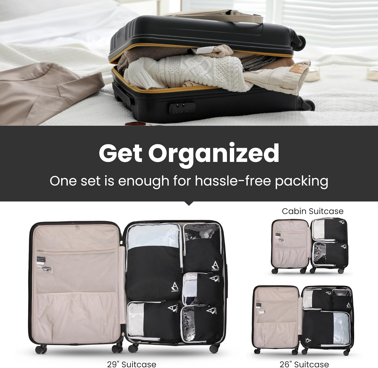 Organized suitcase with Aerolite packing cubes for easy travel