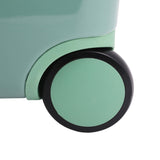 Close-up of Aerolite MiniMax suitcase's durable inline wheels, providing smooth mobility for kids' ride-on travel experience.