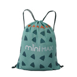 Aerolite MiniMax matching drawstring bag in green with playful design, included as part of the kids' travel bundle for added convenience.