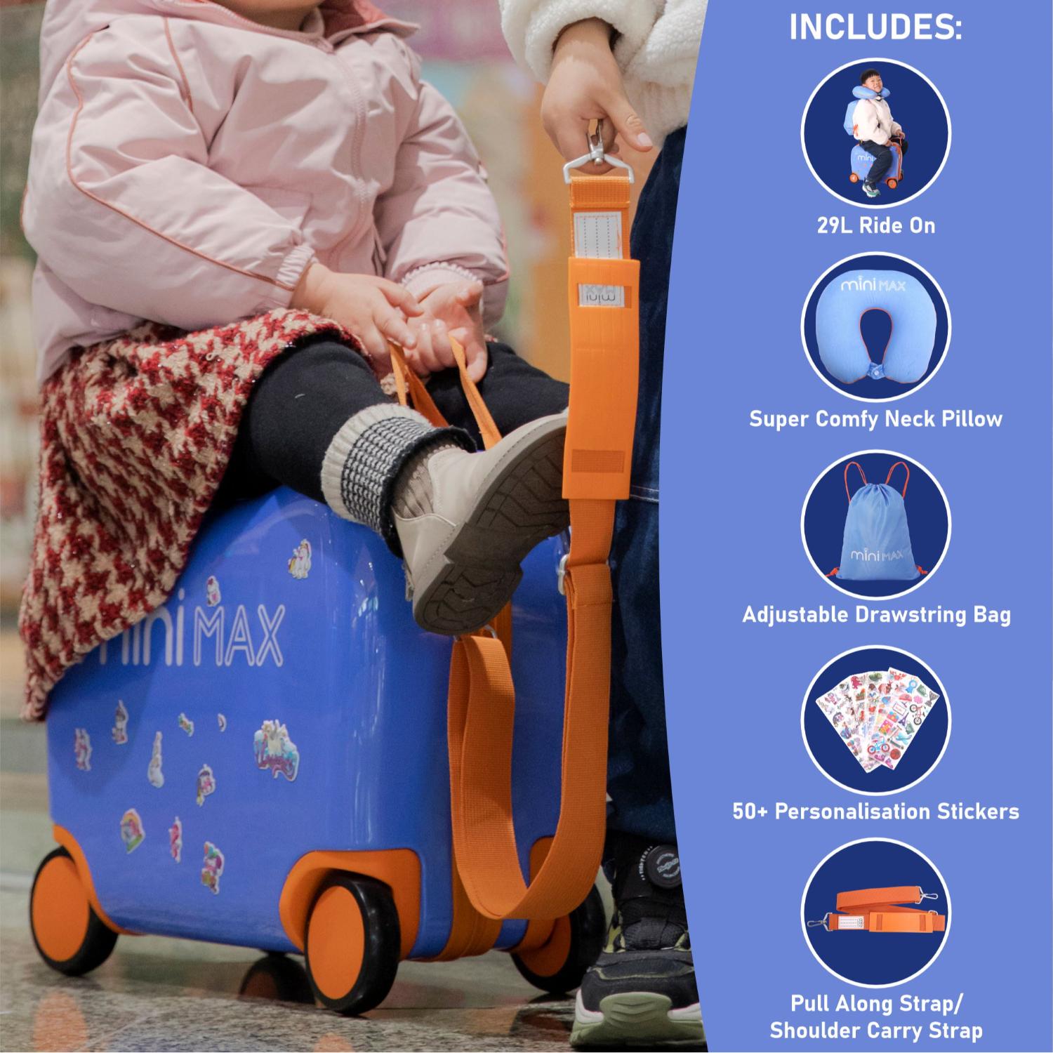 Aerolite MiniMax Childrens Ride - On Suitcase Fits 45x36x20cm EasyJet Maximum Size Kids Hand Luggage With Wheels 29L, Free Neck Pillow, Travel Bag & Stickers (Blue) - Aerolite UK