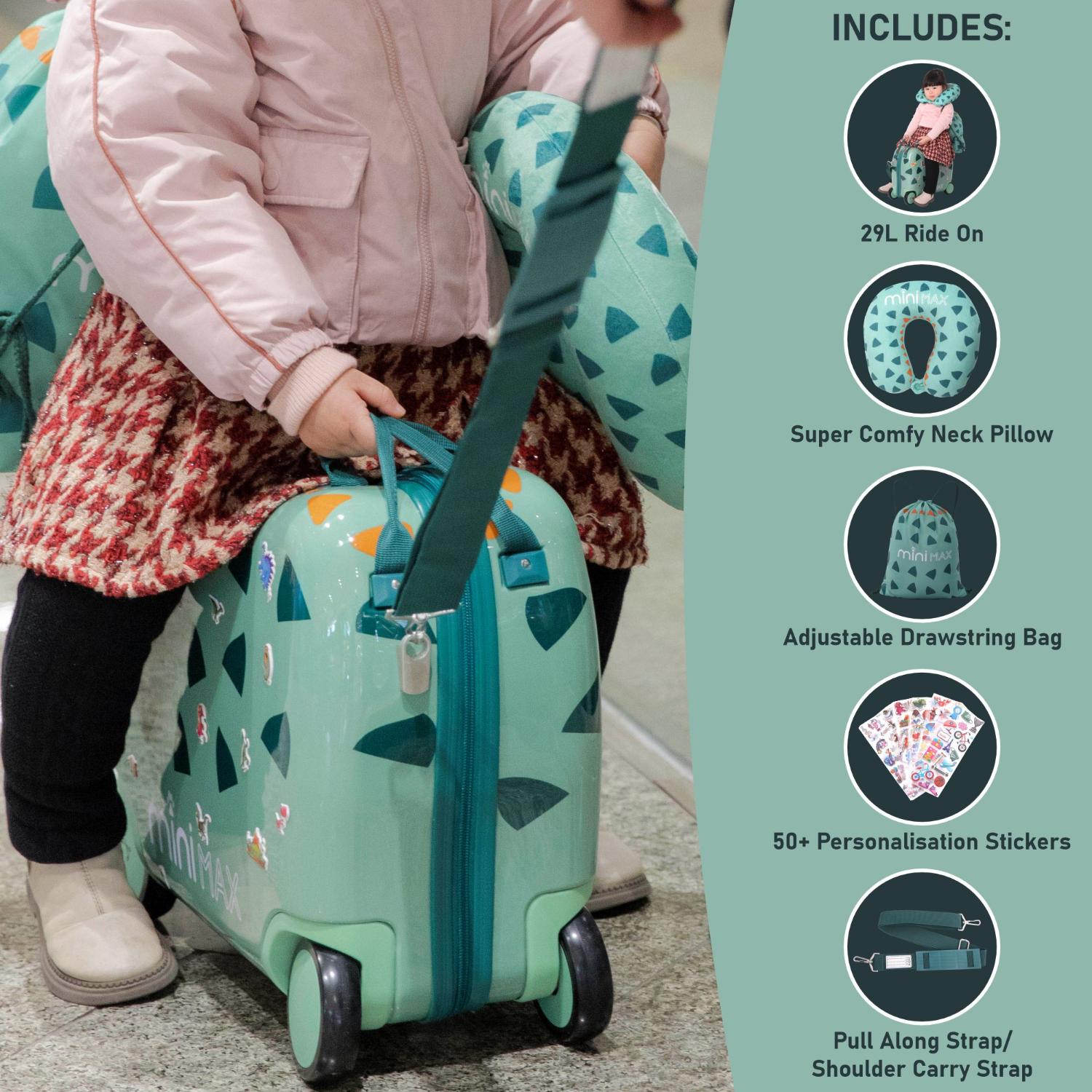 Child using Aerolite MiniMax ride-on suitcase with included neck pillow, drawstring bag, and stickers, showcasing its versatile travel features.