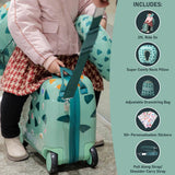 Child using Aerolite MiniMax ride-on suitcase with included neck pillow, drawstring bag, and stickers, showcasing its versatile travel features.