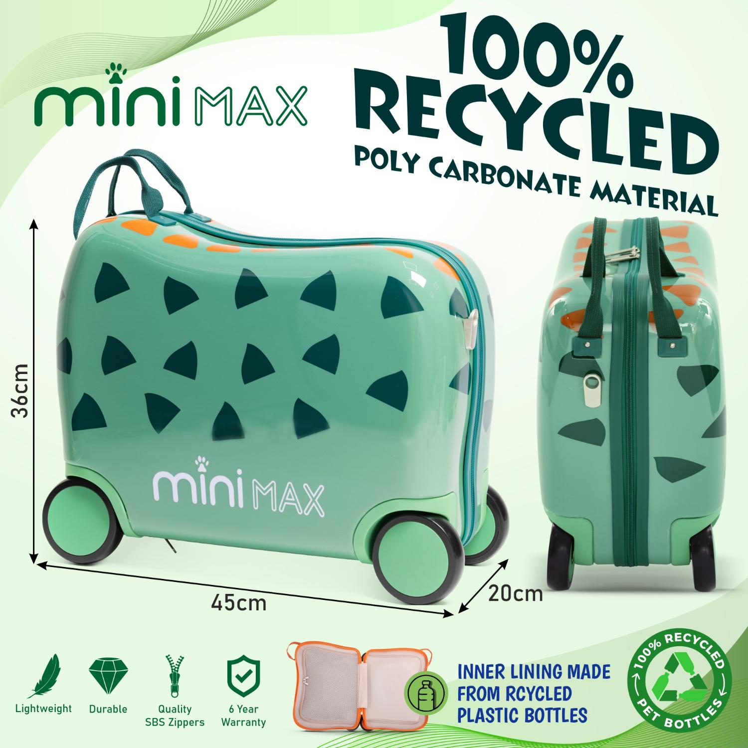 Aerolite MiniMax green ride-on suitcase made from 100% recycled polycarbonate material, featuring a durable and eco-friendly design with 29L capacity.