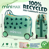 Aerolite MiniMax green ride-on suitcase made from 100% recycled polycarbonate material, featuring a durable and eco-friendly design with 29L capacity.