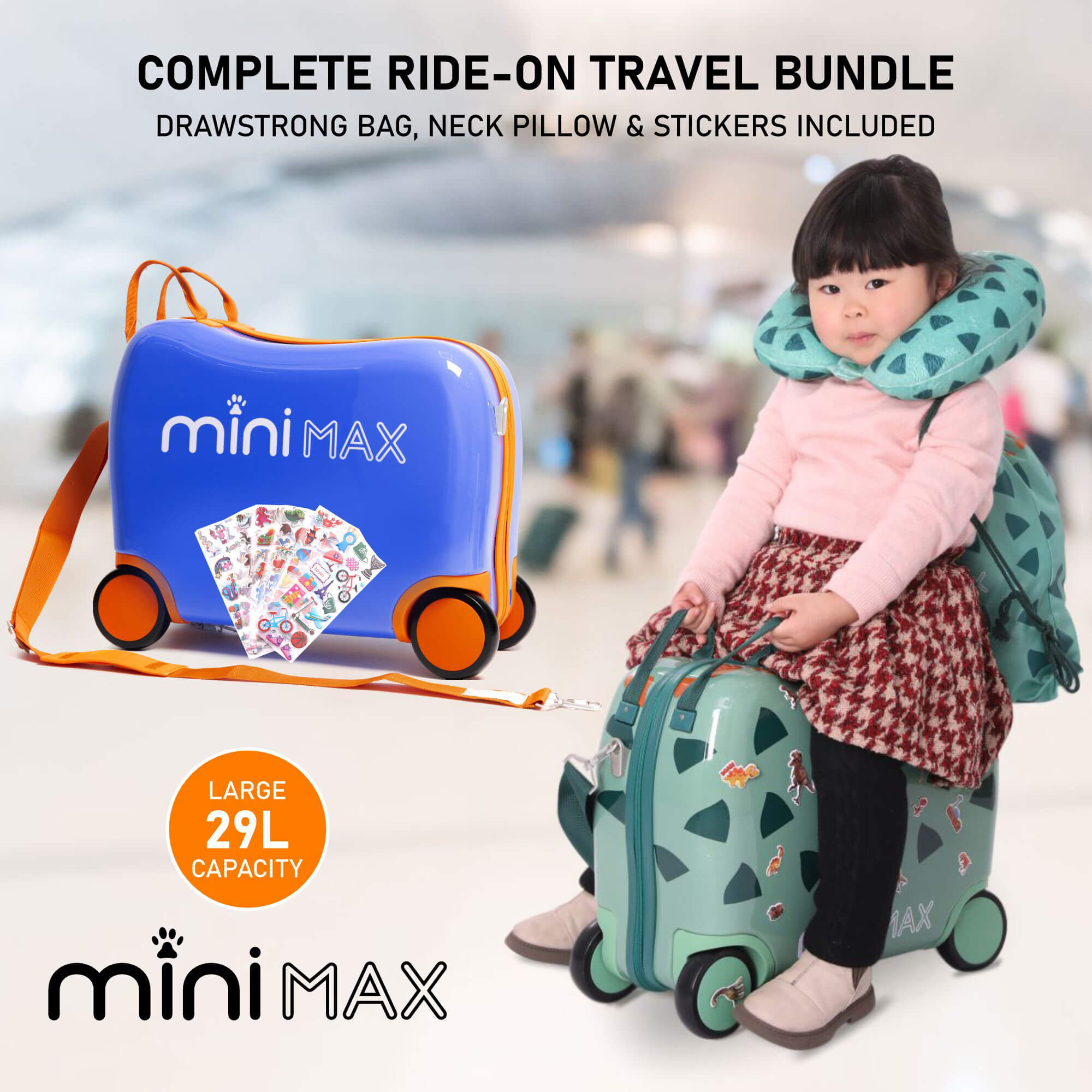 Complete Aerolite MiniMax ride-on travel bundle with suitcase, neck pillow, drawstring bag, and stickers, designed for kids' travel convenience.