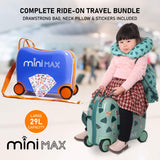 Complete Aerolite MiniMax ride-on travel bundle with suitcase, neck pillow, drawstring bag, and stickers, designed for kids' travel convenience.