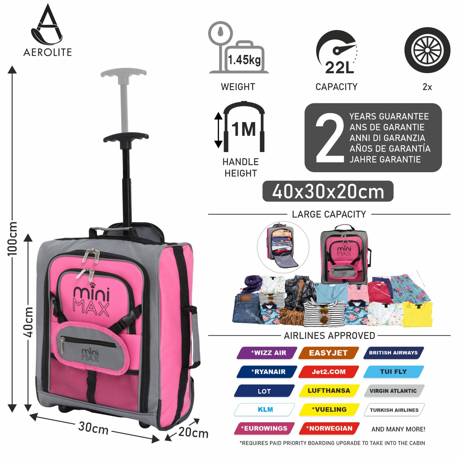 Aerolite MiniMAX Ryanair & Wizz Air 40x30x20 Maximum Size Cabin Hand Luggage Under Seat Trolley Backpack Carry On Bag 2 Wheel