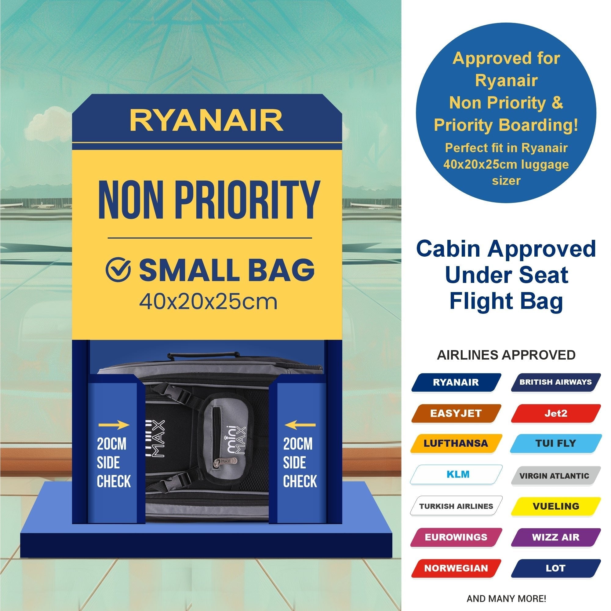 Ryanair approved cabin bag size display for Aerolite MiniMAX