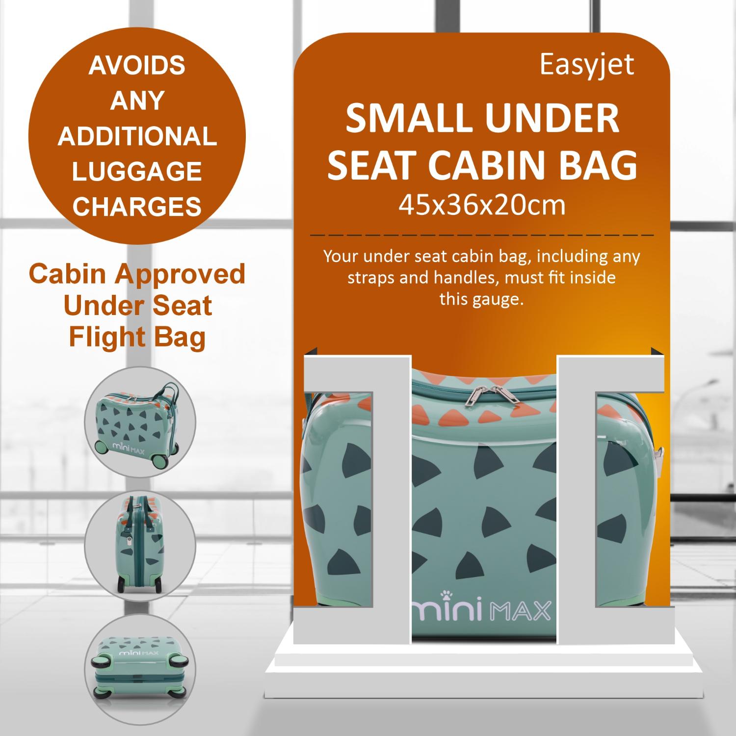 Aerolite MiniMax ride-on suitcase fitting EasyJet's under-seat cabin bag dimensions of 45x36x20cm, avoiding additional luggage charges.