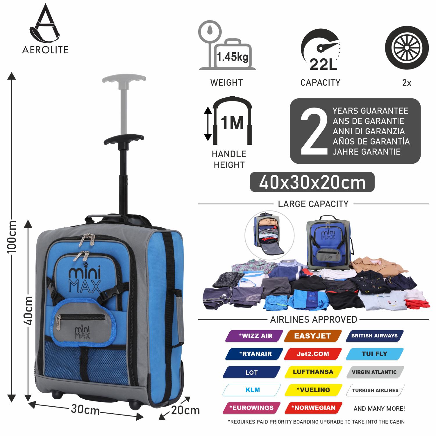 Aerolite MiniMAX Ryanair & Wizz Air 40x30x20 Maximum Size Cabin Hand Luggage Under Seat Trolley Backpack Carry On Bag 2 Wheel