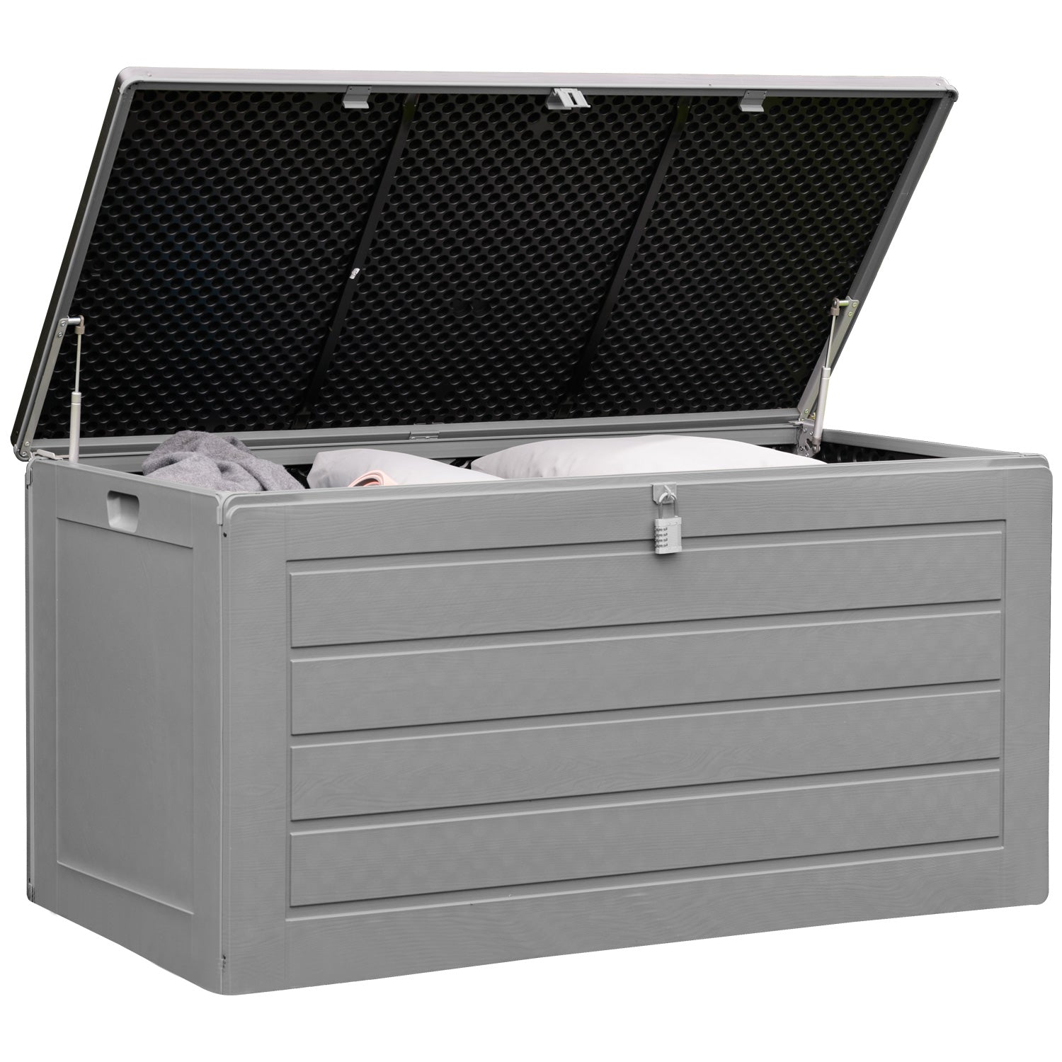 Olsen & Smith 680L MASSIVE Capacity Outdoor Garden Storage Box Plastic Shed - Weatherproof & Sit On with Wood Effect Chest (Anthracite Grey)