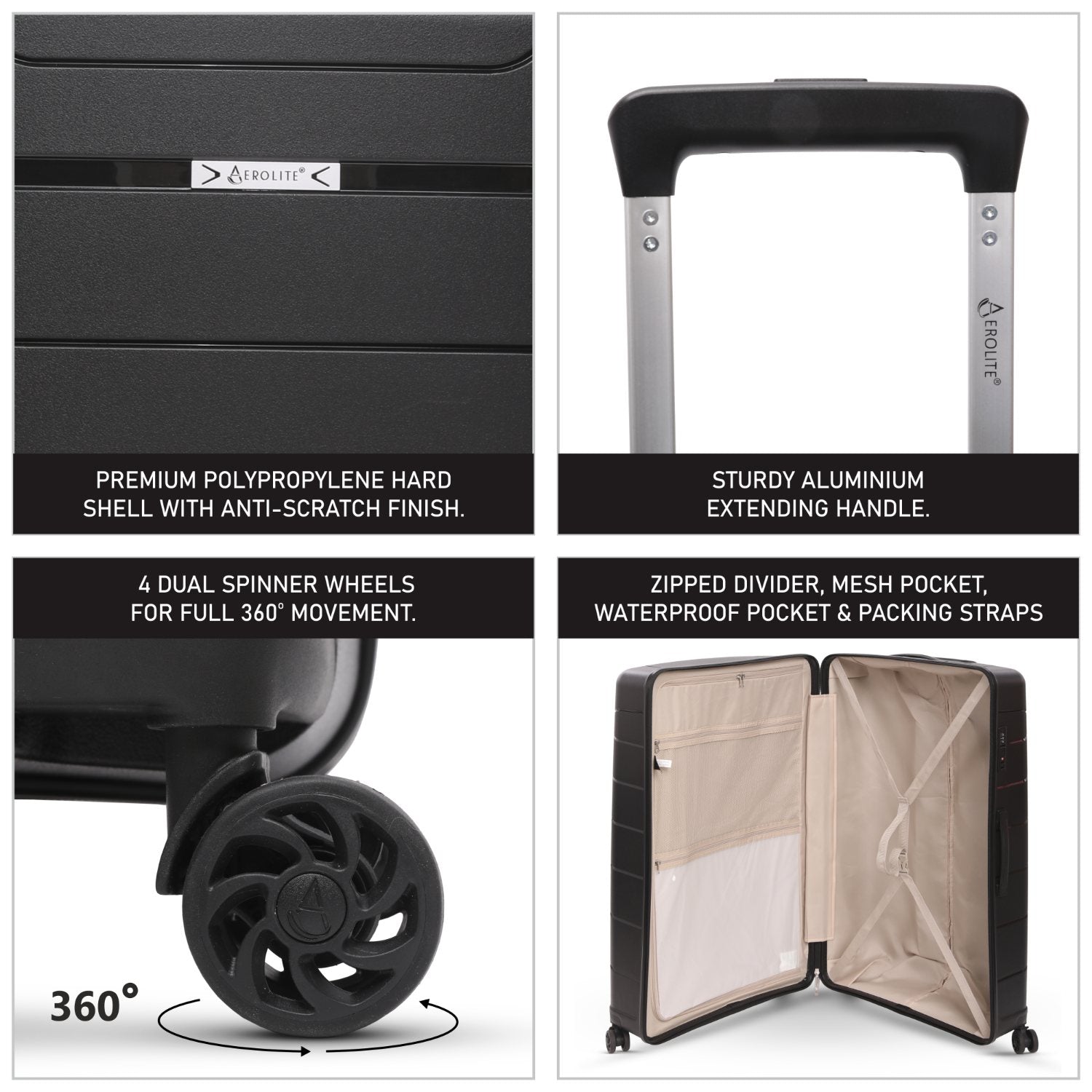 Aerolite XL 32in (144L) Lightweight Polypropylene Hard Shell Suitcase, Extra Large Check-In Luggage with 4 Spinner Wheels, TSA Lock, Waterproof Pocket - Black