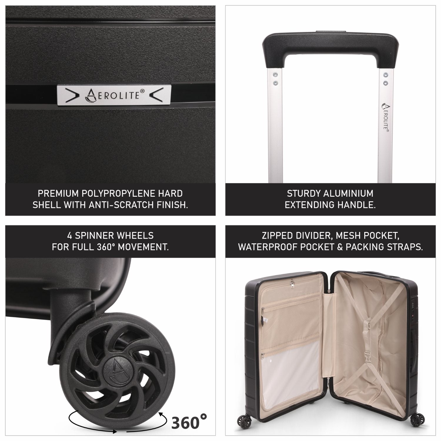 Aerolite Medium 24in (67L) Lightweight Polypropylene Hard Shell Check-In Luggage Suitcase, Dual 4-Spinner Wheels, TSA Lock, Organised Interior, Durable Travel Case – Black