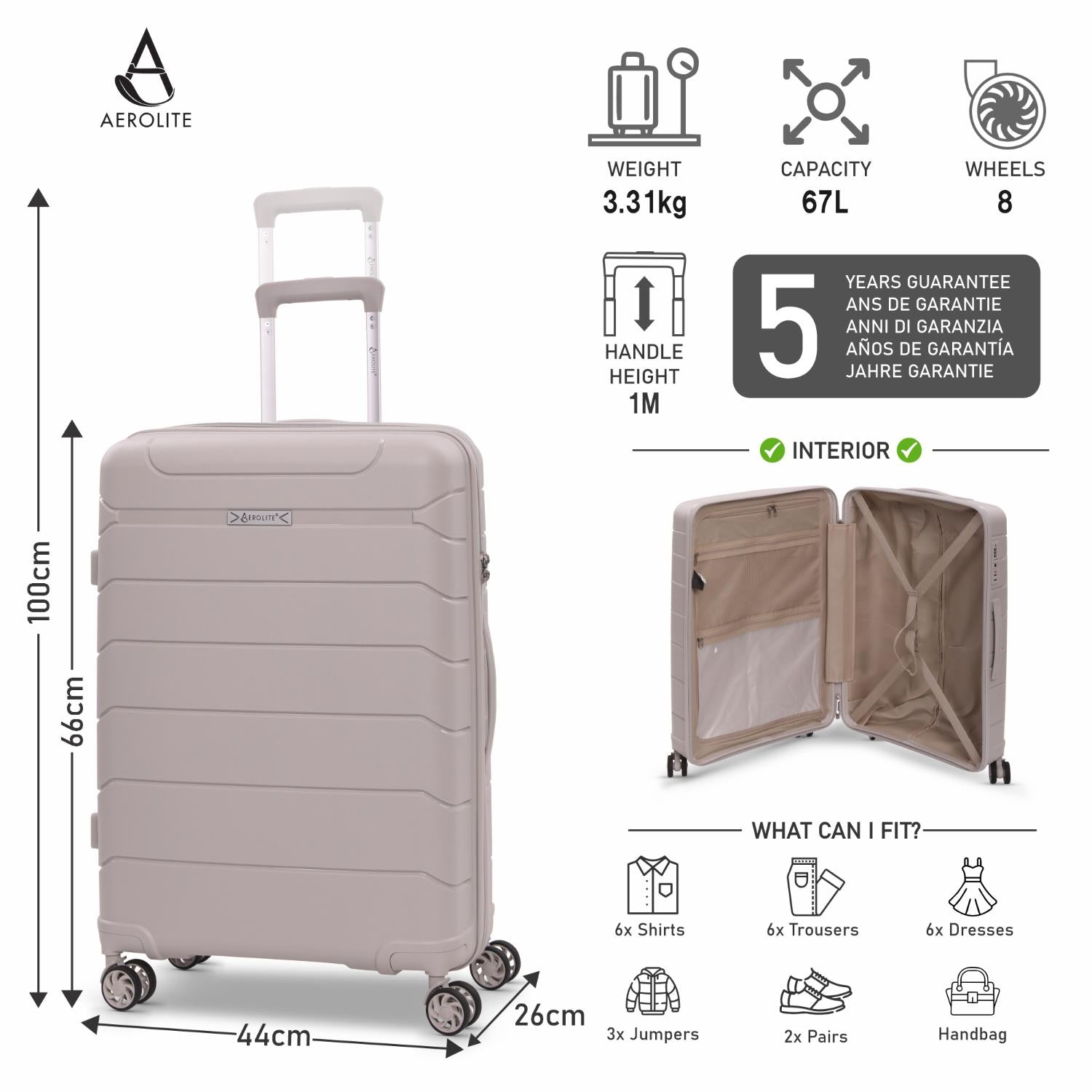 Aerolite Medium 24in (67L) Lightweight Polypropylene Hard Shell Check-In Luggage Suitcase, Dual 4-Spinner Wheels, TSA Lock, Organised Interior, Durable Travel Case – Cream