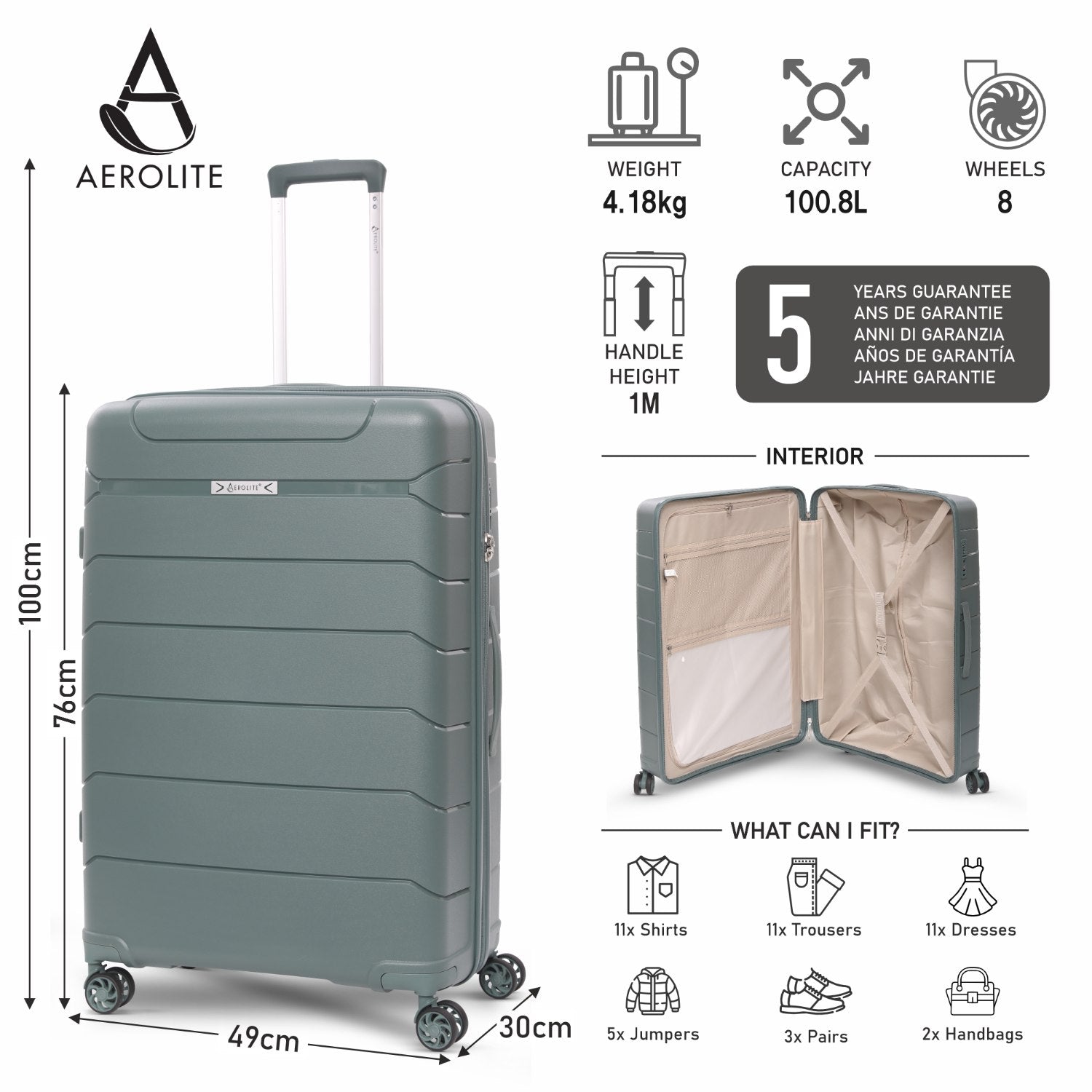 Aerolite Large 28in (100L) Lightweight Polypropylene Hard Shell Check-In Luggage Suitcase, 4 Dual Spinner Wheels, TSA Lock, Waterproof Pocket, Premium Travel Case - Green