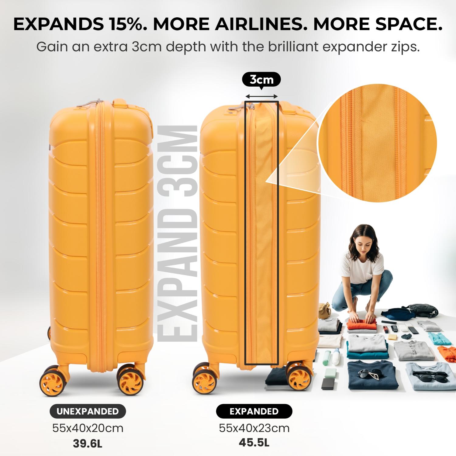Aerolite Premium PP 4 Piece Hard Shell 4 Dual Wheel Spinner Travel Luggage Suitcase Set , Expandable Cabin + Medium + Large + Extra Large - Mango