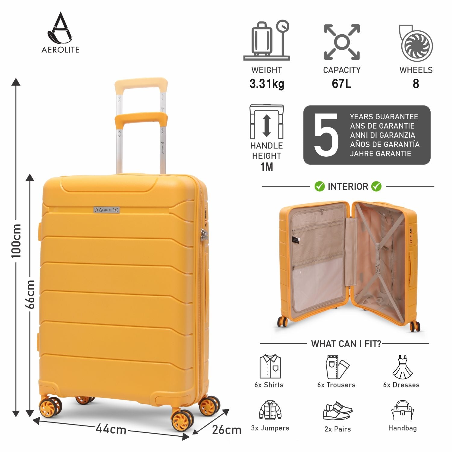 Aerolite Medium 24in (67L) Lightweight Polypropylene Hard Shell Check-In Luggage Suitcase, Dual 4-Spinner Wheels, TSA Lock, Organised Interior, Durable Travel Case – Mango