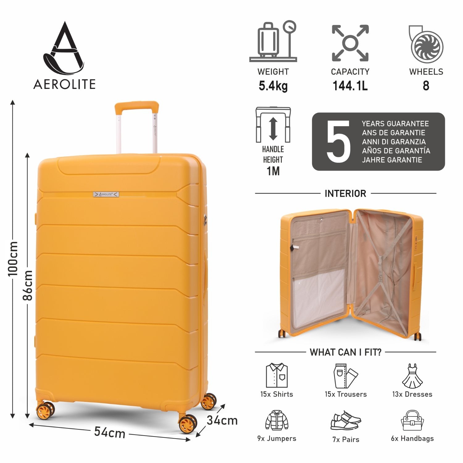 Aerolite XL 32in (144L) Lightweight Polypropylene Hard Shell Suitcase, Extra Large Check-In Luggage with 4 Spinner Wheels, TSA Lock, Waterproof Pocket - Mango