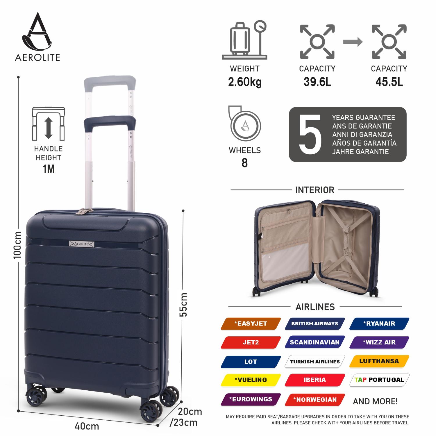Aerolite Premium PP 4 Piece Hard Shell 4 Dual Wheel Spinner Travel Luggage Suitcase Set , Expandable Cabin + Medium + Large + Extra Large - Navy