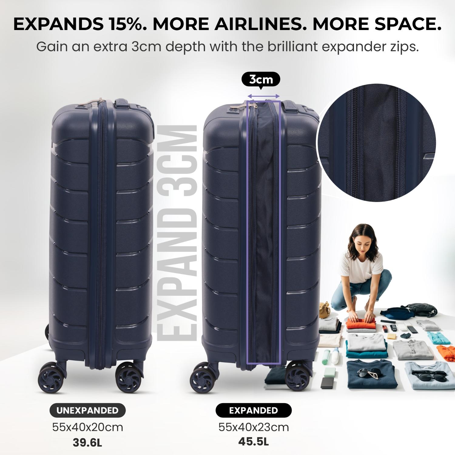 Aerolite Premium PP 4 Piece Hard Shell 4 Dual Wheel Spinner Travel Luggage Suitcase Set , Expandable Cabin + Medium + Large + Extra Large - Navy