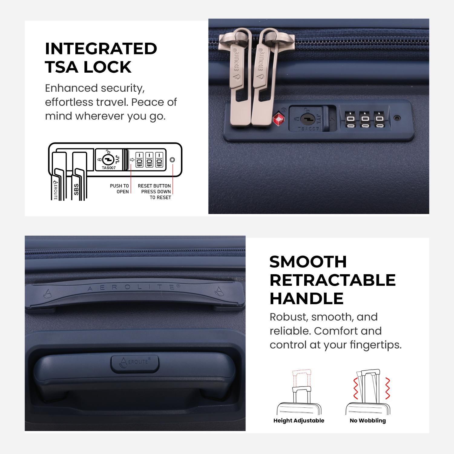 Aerolite Premium PP 4 Piece Hard Shell 4 Dual Wheel Spinner Travel Luggage Suitcase Set , Expandable Cabin + Medium + Large + Extra Large - Navy