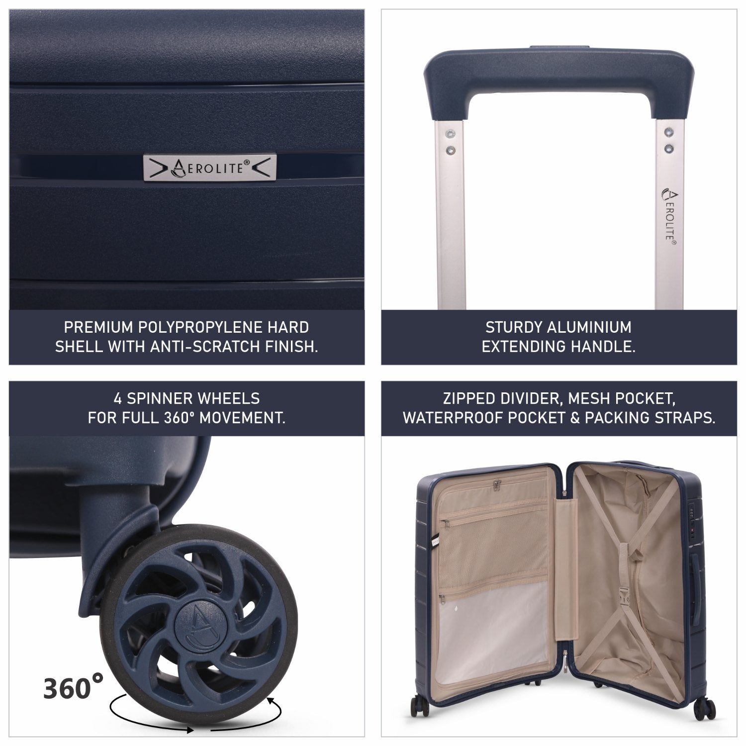 Aerolite Medium 24in (67L) Lightweight Polypropylene Hard Shell Check-In Luggage Suitcase, Dual 4-Spinner Wheels, TSA Lock, Organised Interior, Durable Travel Case – Navy