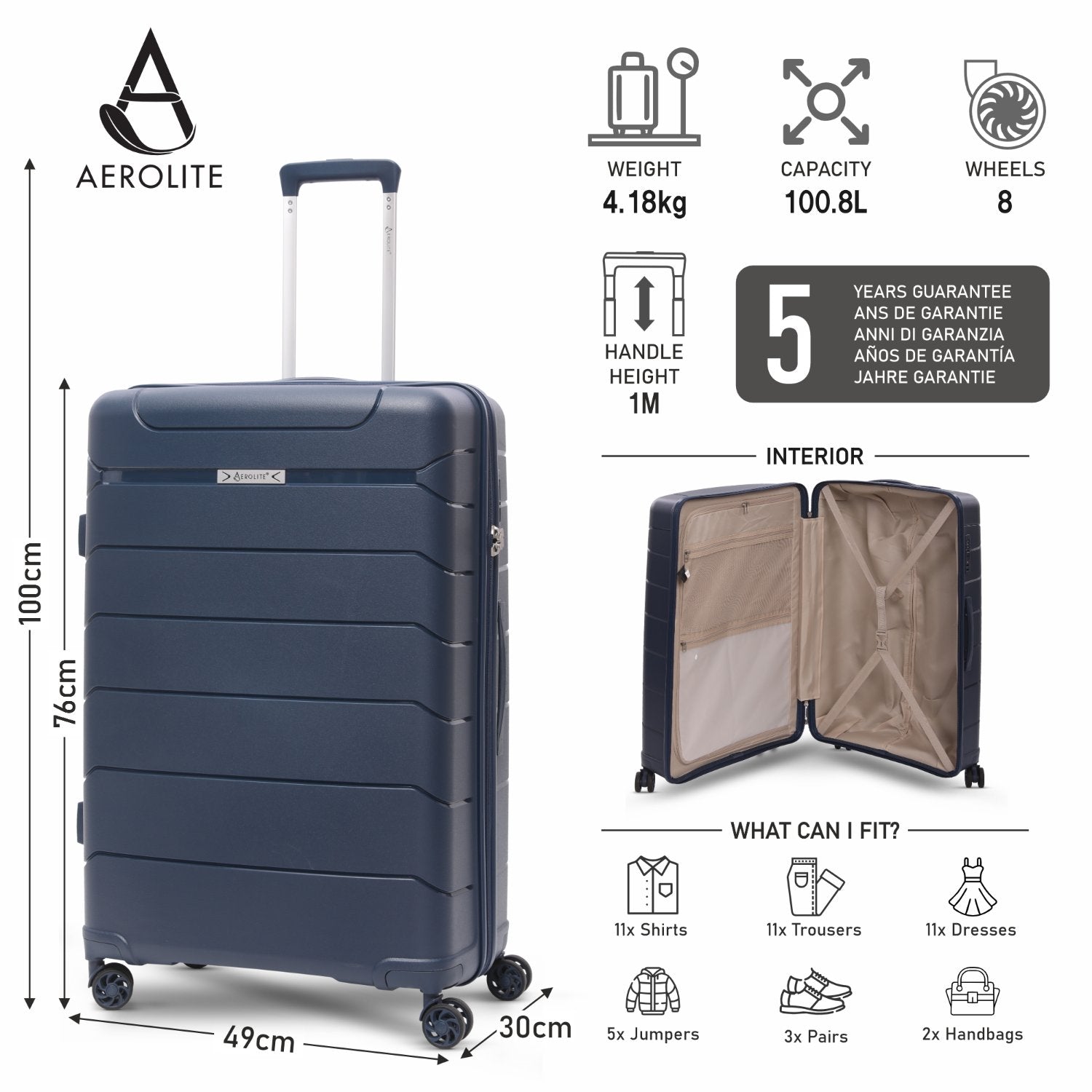 Aerolite Premium PP 4 Piece Hard Shell 4 Dual Wheel Spinner Travel Luggage Suitcase Set , Expandable Cabin + Medium + Large + Extra Large - Navy