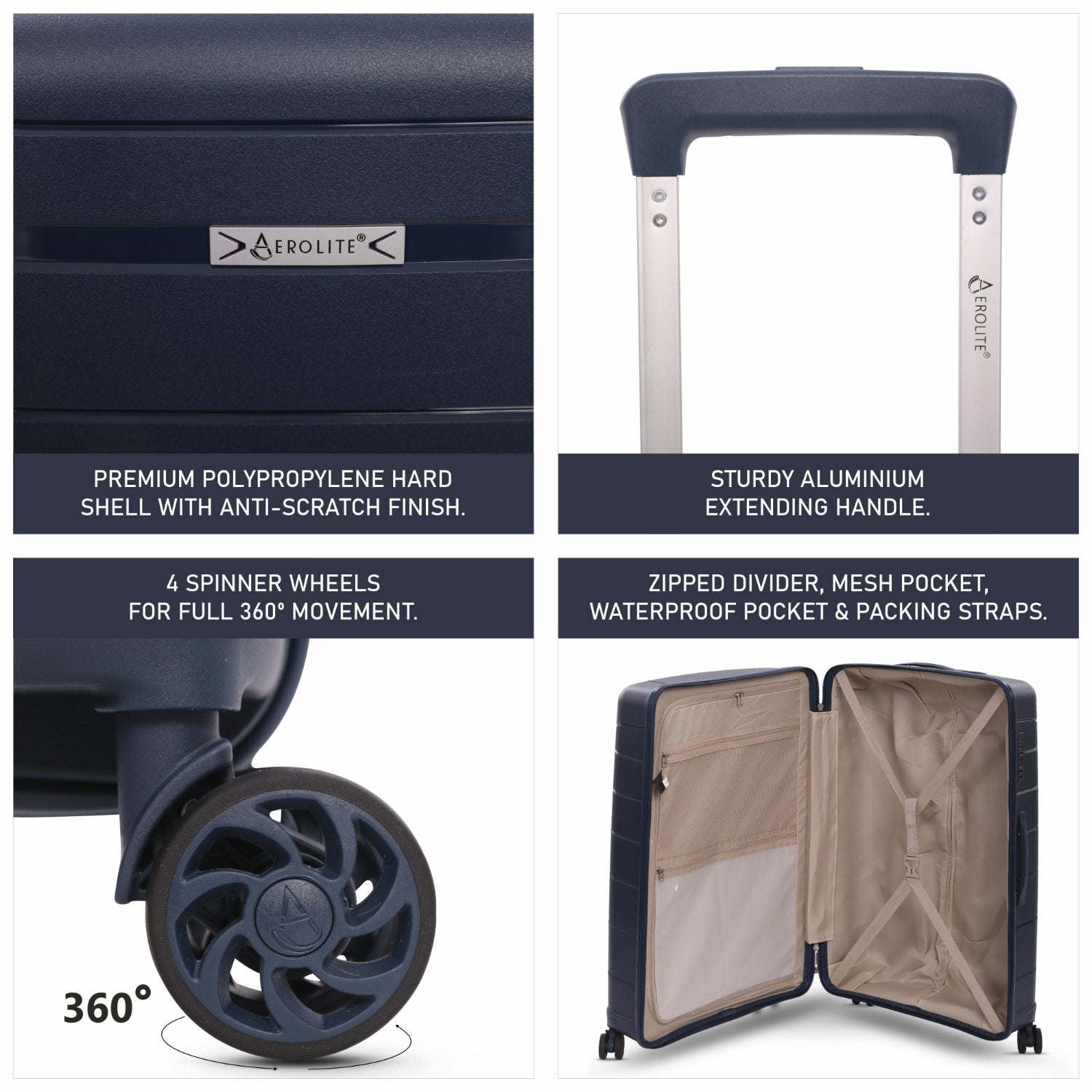 Aerolite Large 28in (100L) Lightweight Polypropylene Hard Shell Check-In Luggage Suitcase, 4 Dual Spinner Wheels, TSA Lock, Waterproof Pocket, Premium Travel Case - Navy