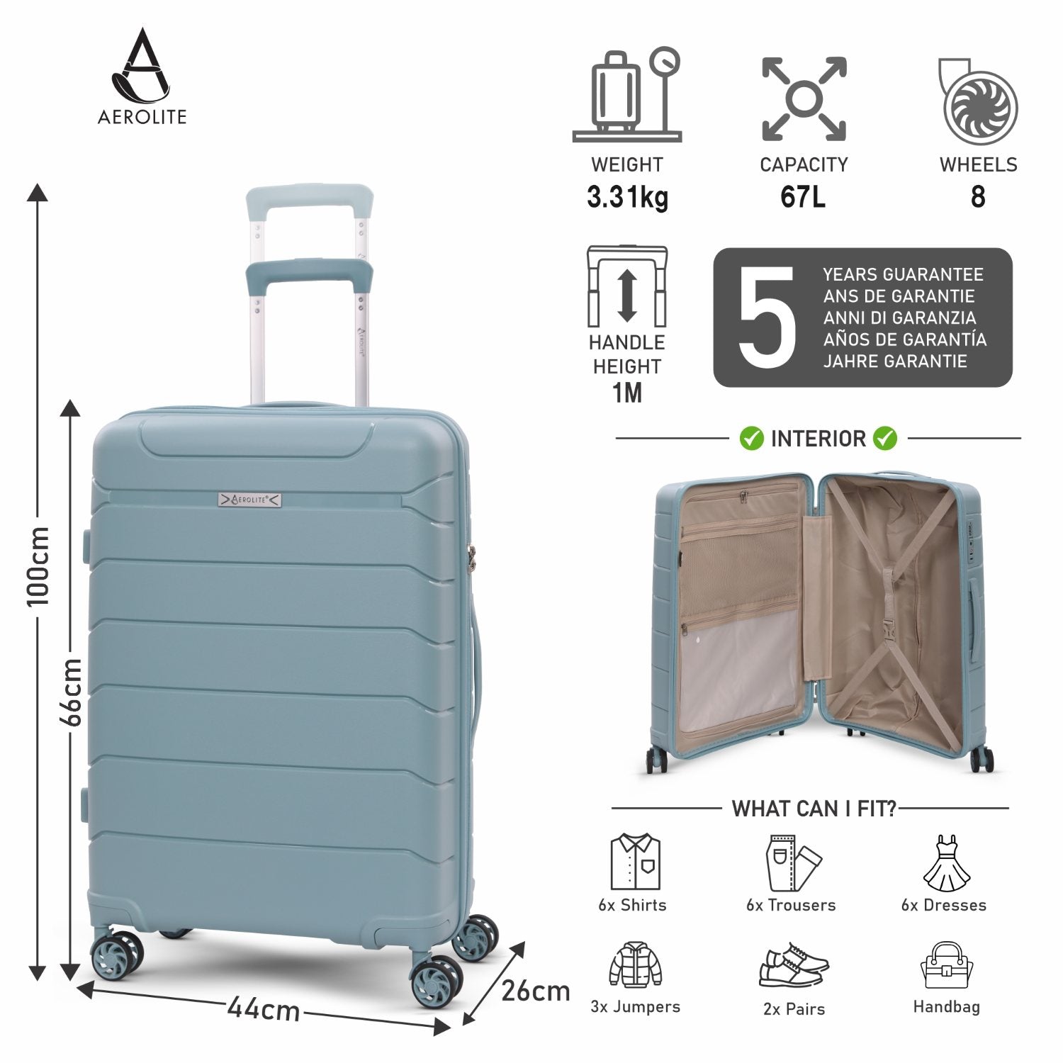 Aerolite Medium 24in (67L) Lightweight Polypropylene Hard Shell Check-In Luggage Suitcase, Dual 4-Spinner Wheels, TSA Lock, Organised Interior, Durable Travel Case – Sage
