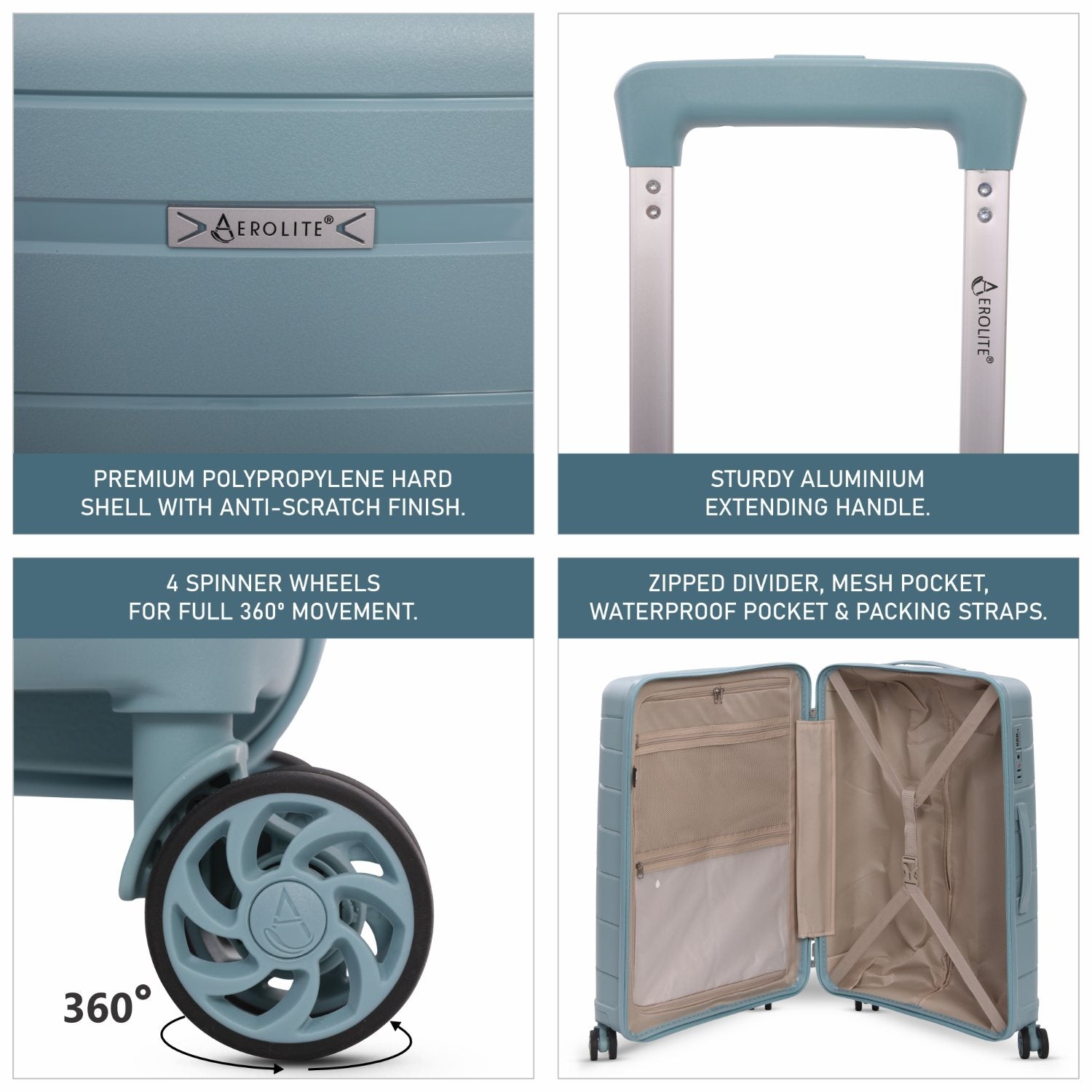 Aerolite Medium 24in (67L) Lightweight Polypropylene Hard Shell Check-In Luggage Suitcase, Dual 4-Spinner Wheels, TSA Lock, Organised Interior, Durable Travel Case – Sage