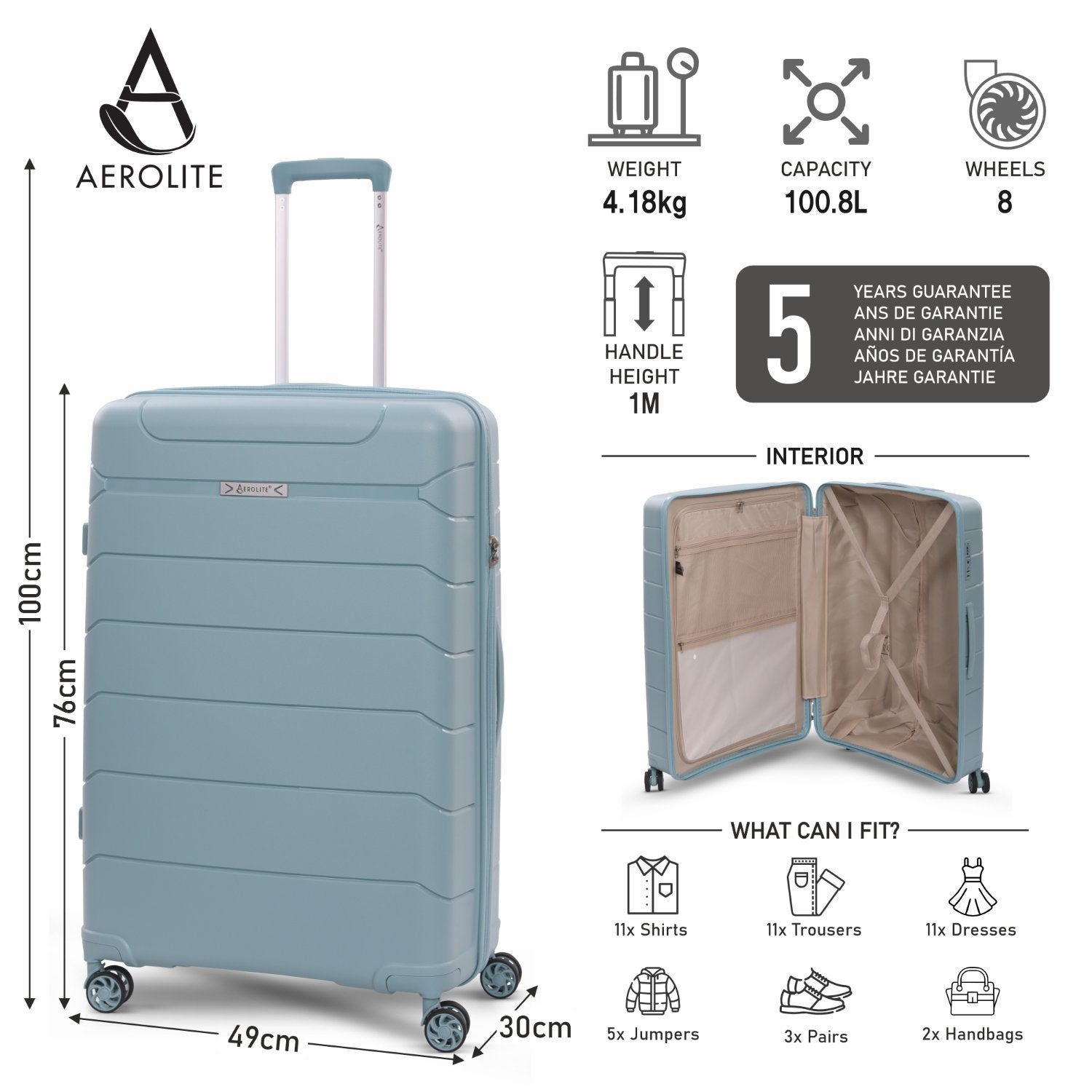 Aerolite Large 28in (100L) Lightweight Polypropylene Hard Shell Check-In Luggage Suitcase, 4 Dual Spinner Wheels, TSA Lock, Waterproof Pocket, Premium Travel Case - Sage