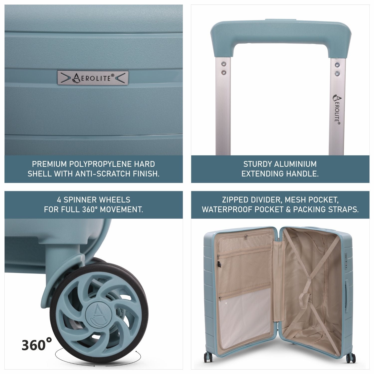 Aerolite Premium PP 3-Piece Luggage Set, Lightweight Polypropylene Hard Shell Suitcases with 4 Dual Spinner Wheels & TSA Lock, Expandable Cabin (21”), Medium (24”), Large (28”), Expandable Carry-On Case Included – Sage