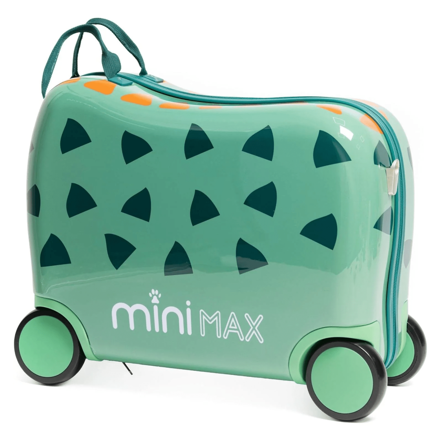 Aerolite MiniMax green kids ride-on suitcase with wheels, featuring a playful design and compact size for EasyJet 45x36x20cm cabin approval.