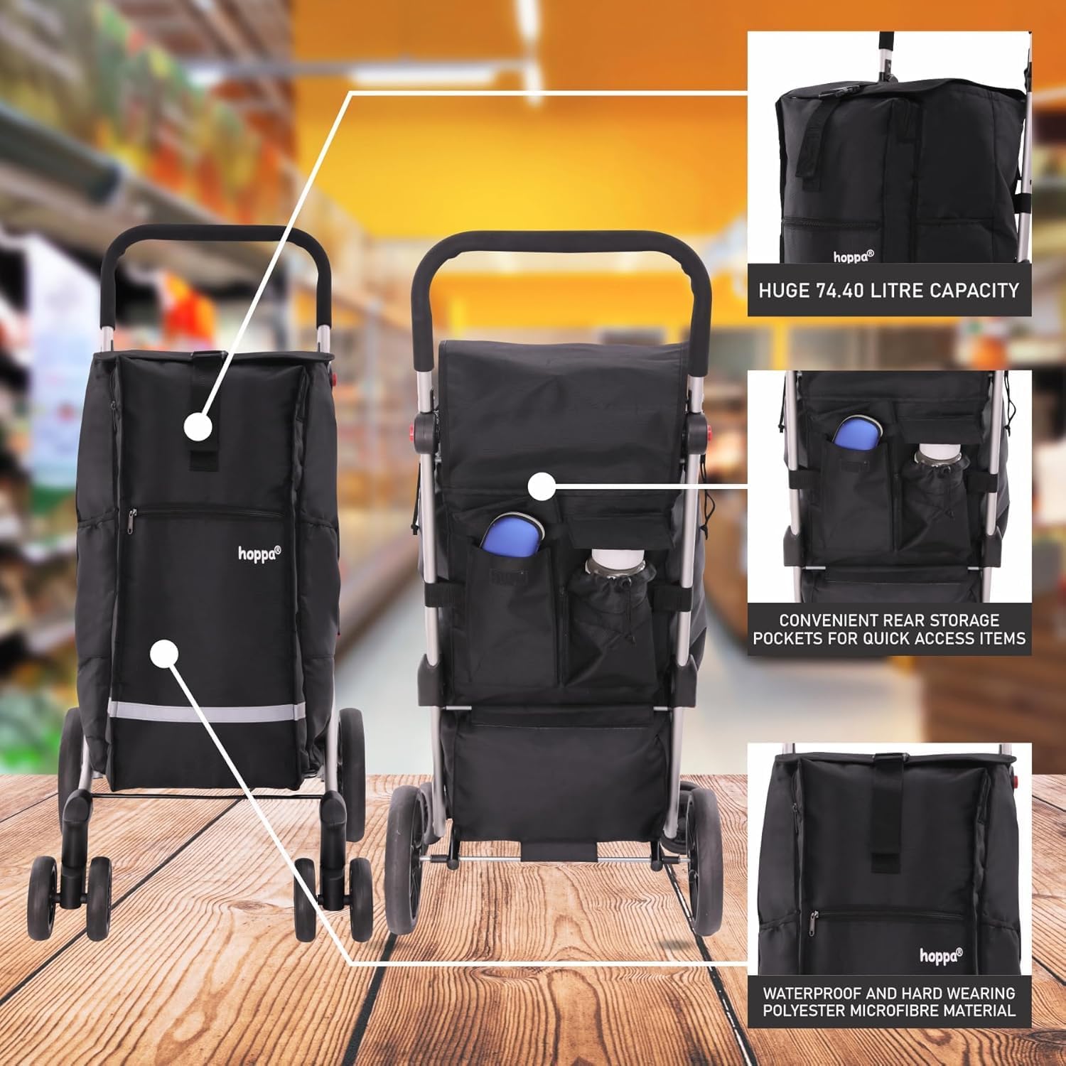 Hoppa 74L Expandable Lightweight Shopping Trolley 2025 model, Hard Wearing & Foldaway Push/Pull Cart for Easy Storage With 1 Year Guarantee