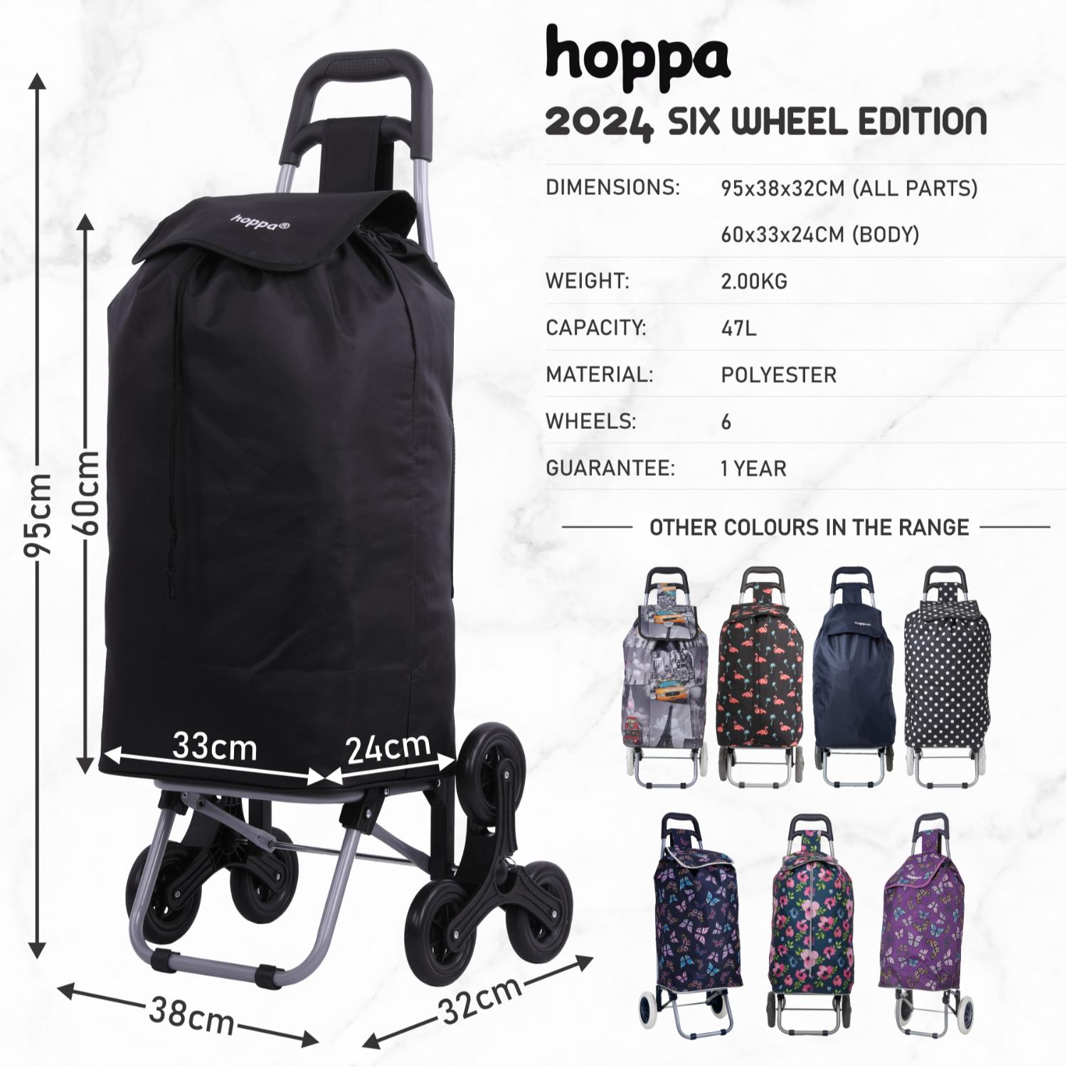 Hoppa Lightweight 6-Wheel 2025 Model Folding Shopping Trolley Large 47L Capacity Shopping Trolley Bag, 95cm, 2kg, Push/Pull Stairclimber (Black)