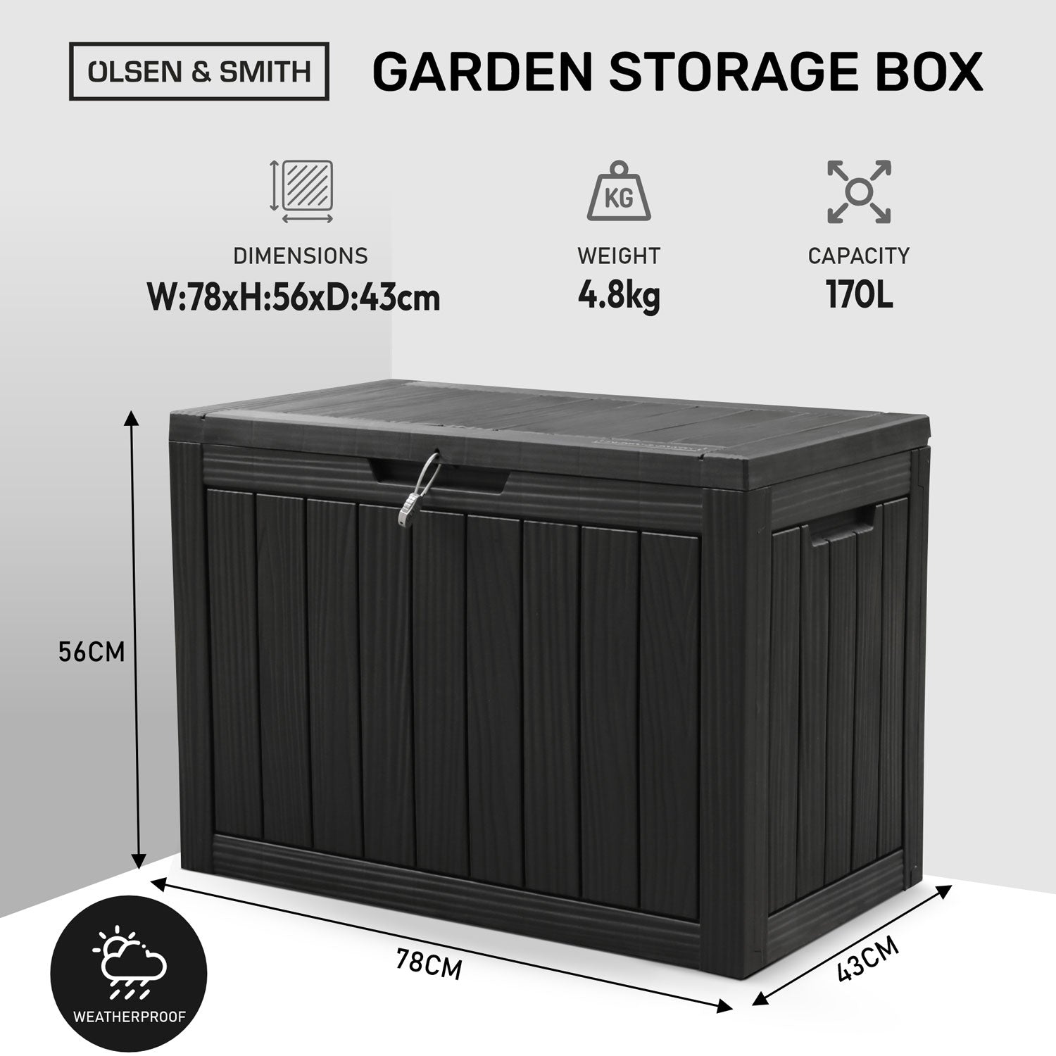 Olsen & Smith 170L Outdoor Garden Storage Box – Lockable Plastic Container Chest with Wood-Effect Panels, Weather-Resistant Patio Storage for Tools, Toys & Cushions – Black