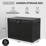 Olsen & Smith 170L Outdoor Garden Storage Box – Lockable Plastic Container Chest with Wood-Effect Panels, Weather-Resistant Patio Storage for Tools, Toys & Cushions – Black