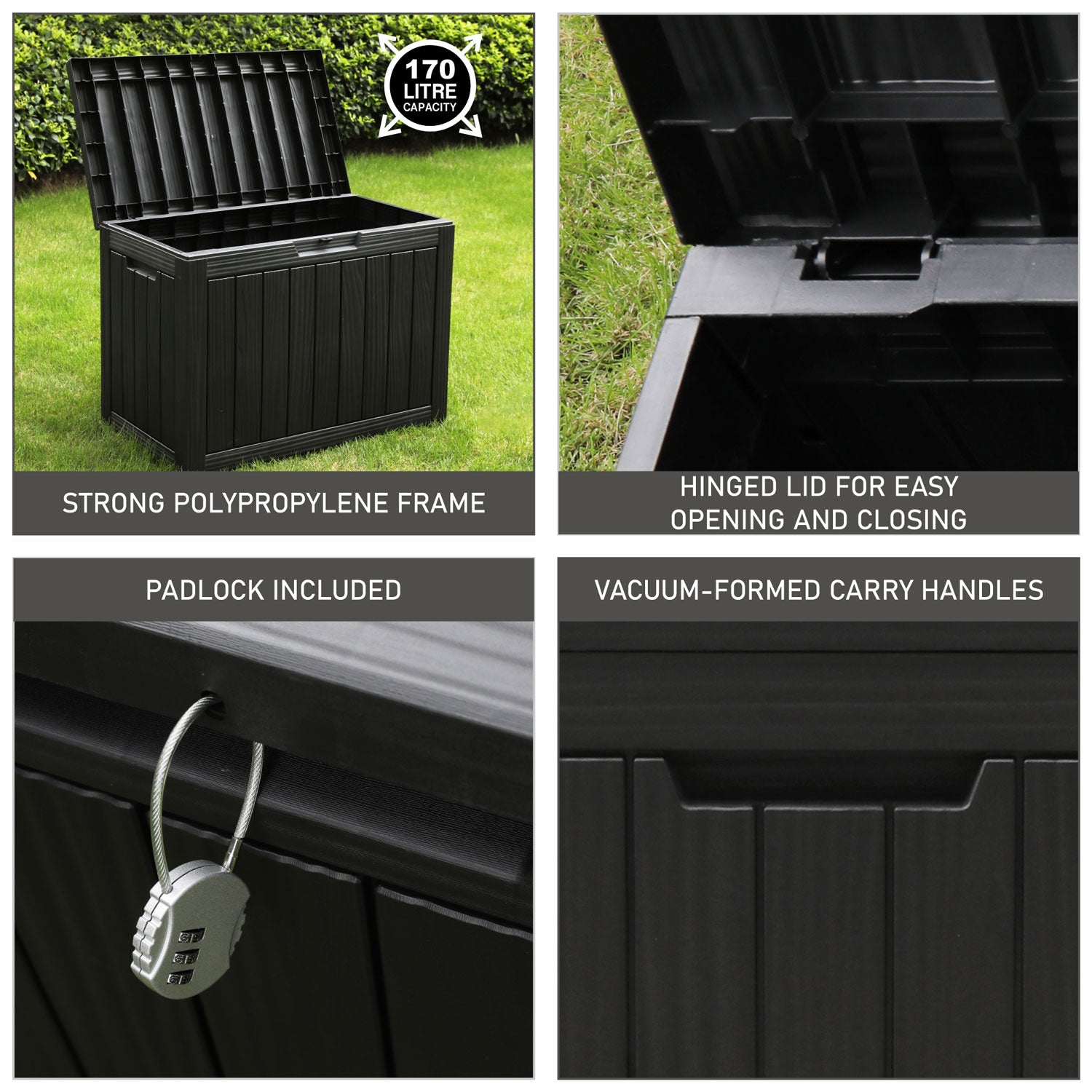 Olsen & Smith 170L Outdoor Garden Storage Box – Lockable Plastic Container Chest with Wood-Effect Panels, Weather-Resistant Patio Storage for Tools, Toys & Cushions – Black