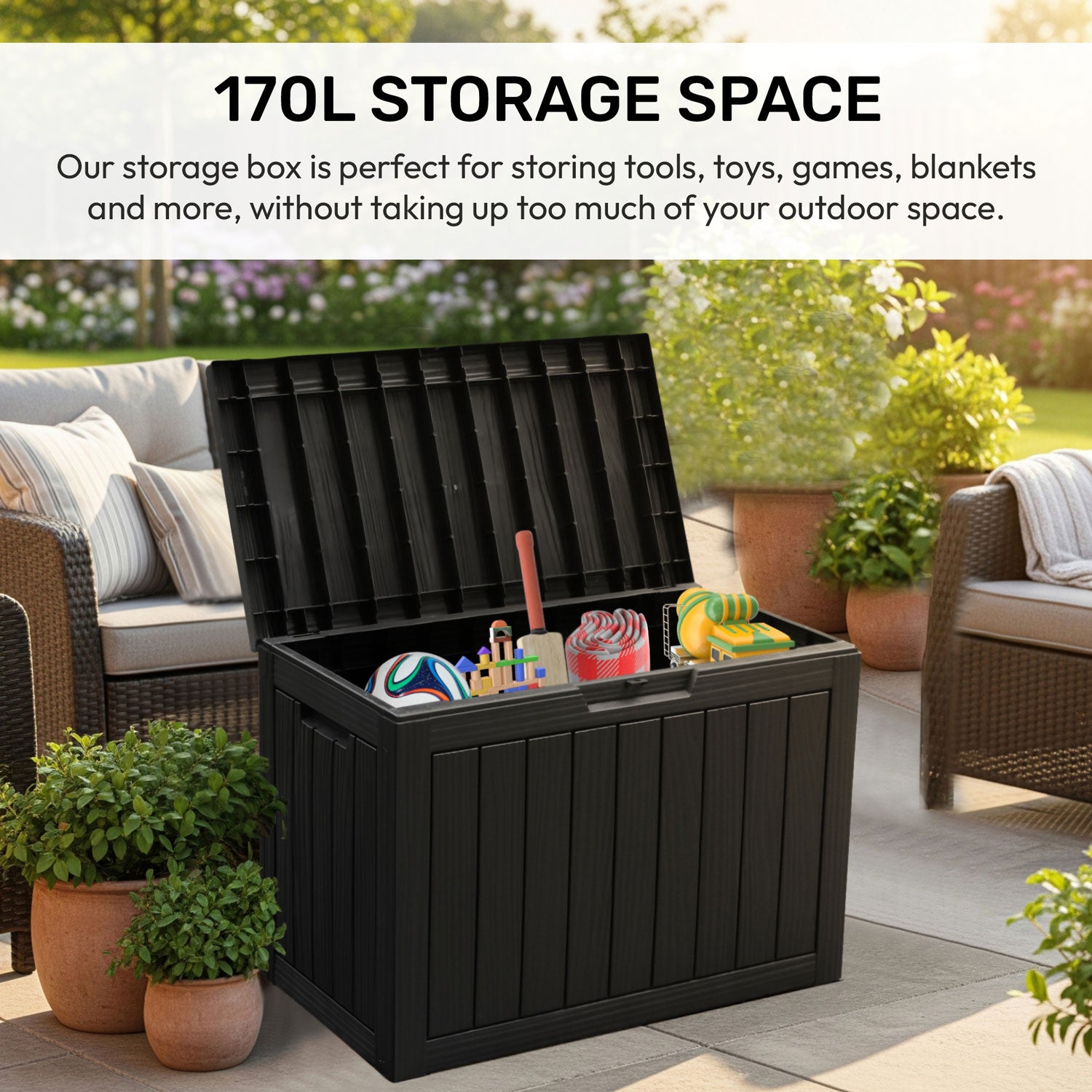 Olsen & Smith 170L Outdoor Garden Storage Box – Lockable Plastic Container Chest with Wood-Effect Panels, Weather-Resistant Patio Storage for Tools, Toys & Cushions – Black