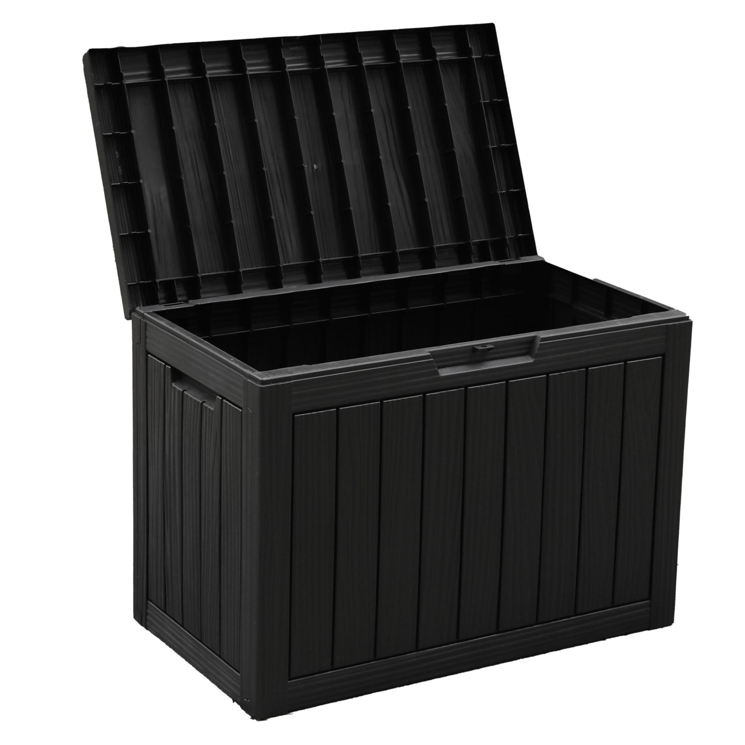 Olsen & Smith 170L Outdoor Garden Storage Box – Lockable Plastic Container Chest with Wood-Effect Panels, Weather-Resistant Patio Storage for Tools, Toys & Cushions – Black