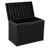 Olsen & Smith 170L Outdoor Garden Storage Box – Lockable Plastic Container Chest with Wood-Effect Panels, Weather-Resistant Patio Storage for Tools, Toys & Cushions – Black