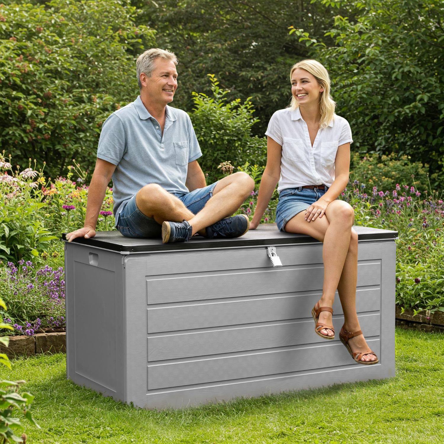 Olsen & Smith 680L MASSIVE Capacity Outdoor Garden Storage Box Plastic Shed - Weatherproof & Sit On with Wood Effect Chest (Anthracite Grey)