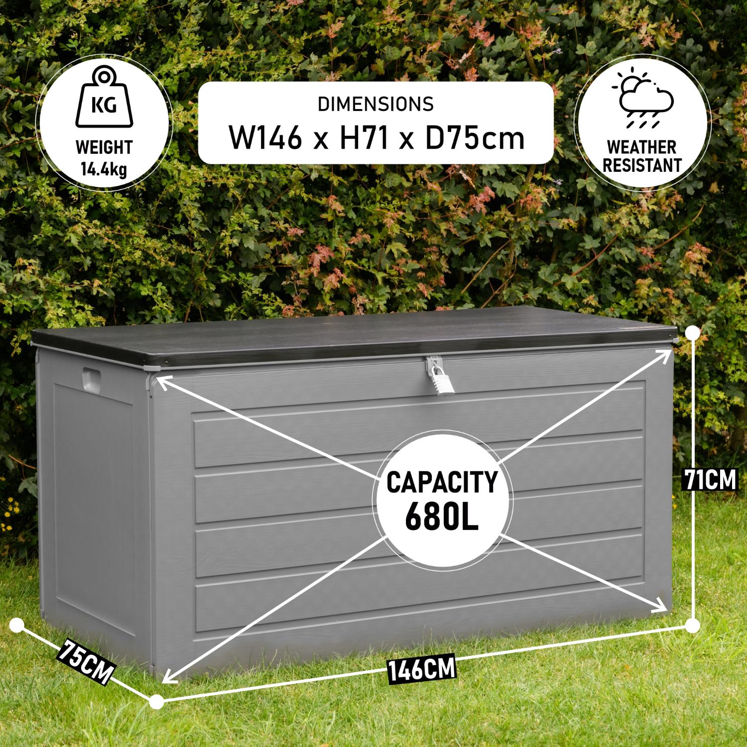 Olsen & Smith 680L MASSIVE Capacity Outdoor Garden Storage Box Plastic Shed - Weatherproof & Sit On with Wood Effect Chest (Anthracite Grey)
