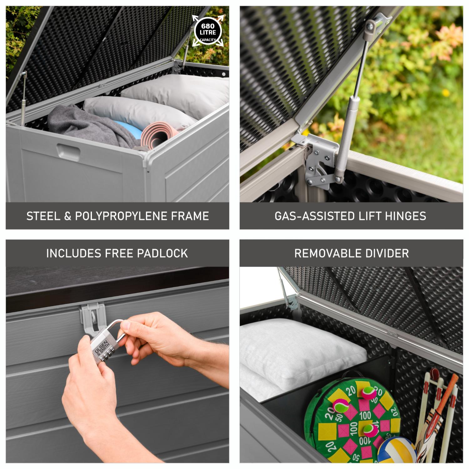 Olsen & Smith 680L MASSIVE Capacity Outdoor Garden Storage Box Plastic Shed - Weatherproof & Sit On with Wood Effect Chest (Anthracite Grey)
