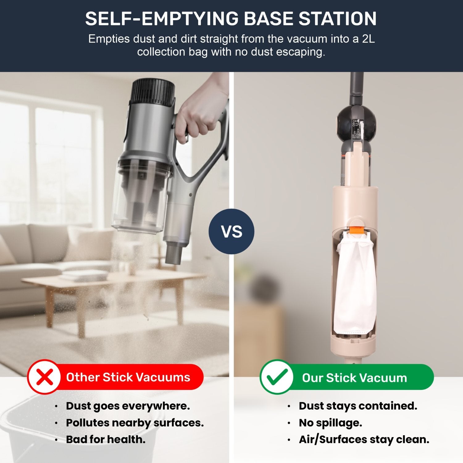 Olsen & Smith 18000Pa Cordless Self-Emptying Stick Vacuum Cleaner – Lightweight 250W Upright Handheld with Base Station, Dust Finder Light & Accessories - Cream