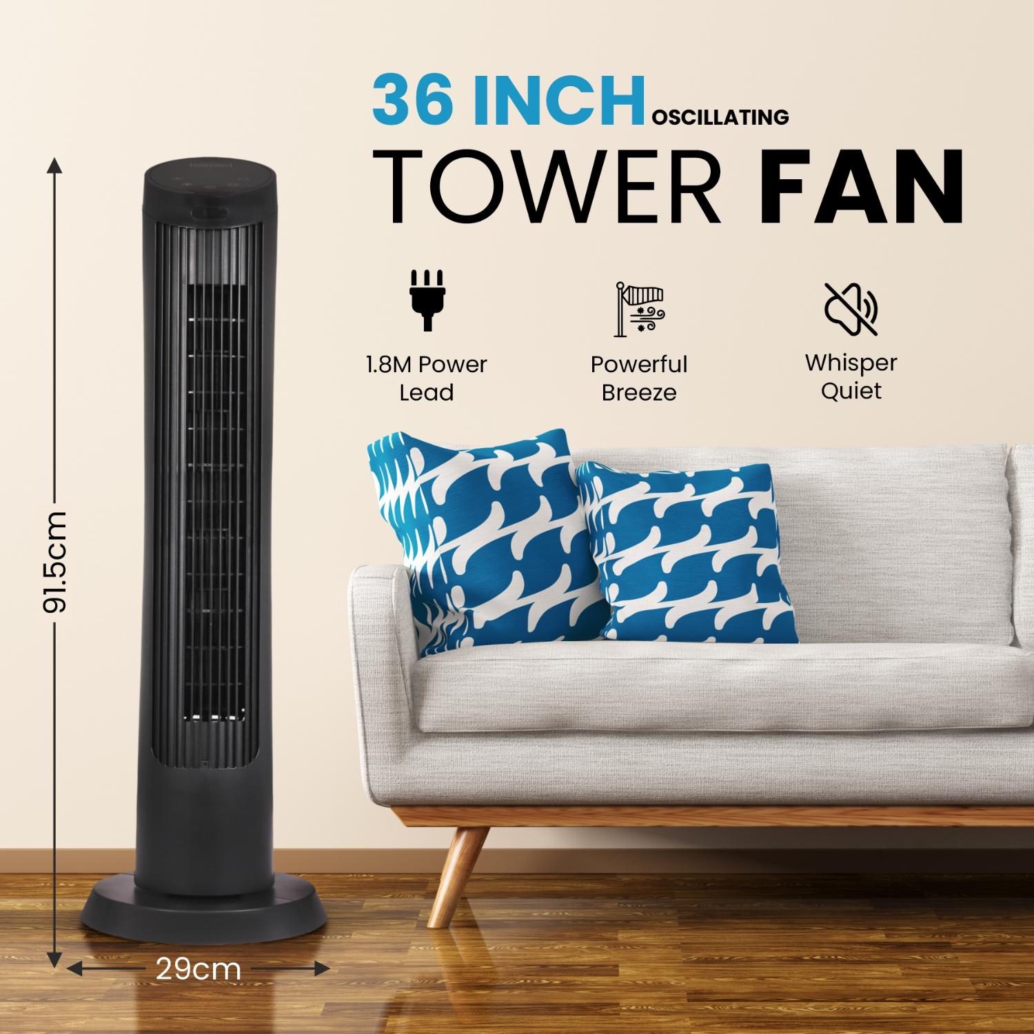 Olsen & Smith 36 Inch 27dB Ultra-Powerful & Silent Tower Fan – Smart Bladeless Design with Remote, 4 Speed Modes, 90° Oscillation, 12H Timer, LED Display – Matte Black