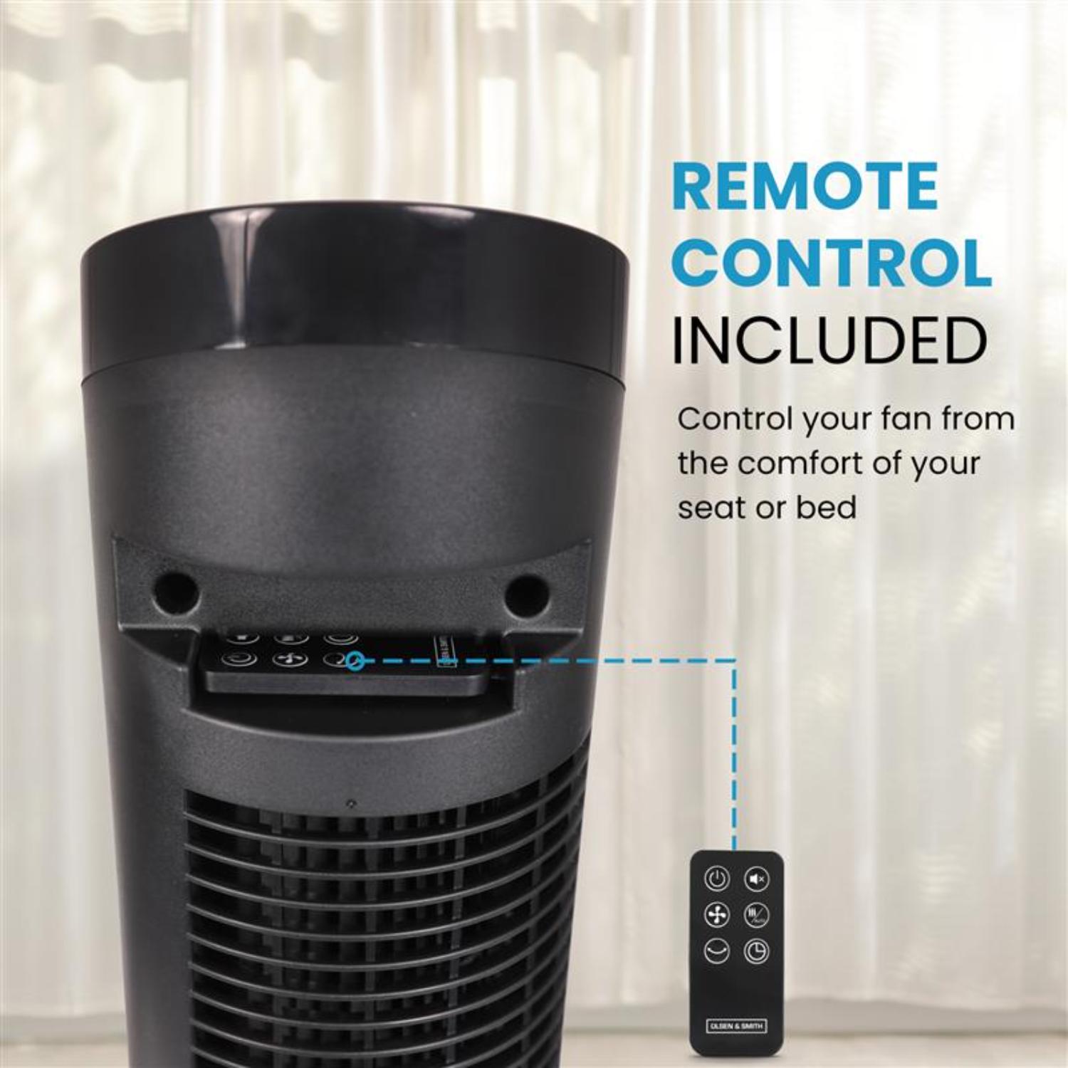 Olsen & Smith 36 Inch 27dB Ultra-Powerful & Silent Tower Fan – Smart Bladeless Design with Remote, 4 Speed Modes, 90° Oscillation, 12H Timer, LED Display – Matte Black