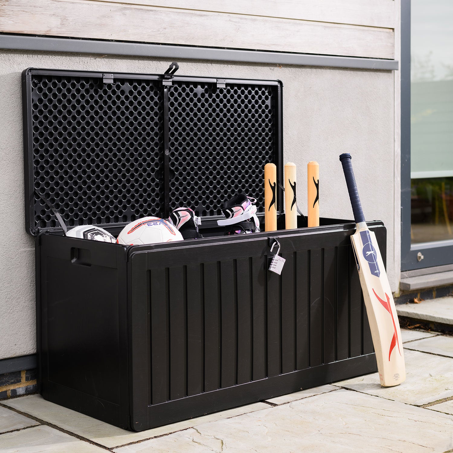 Olsen & Smith 270L Sit-On Outdoor Garden Storage Box Shed With Padlock - Weatherproof with Wood Effect Chest (270 Litre, Black)