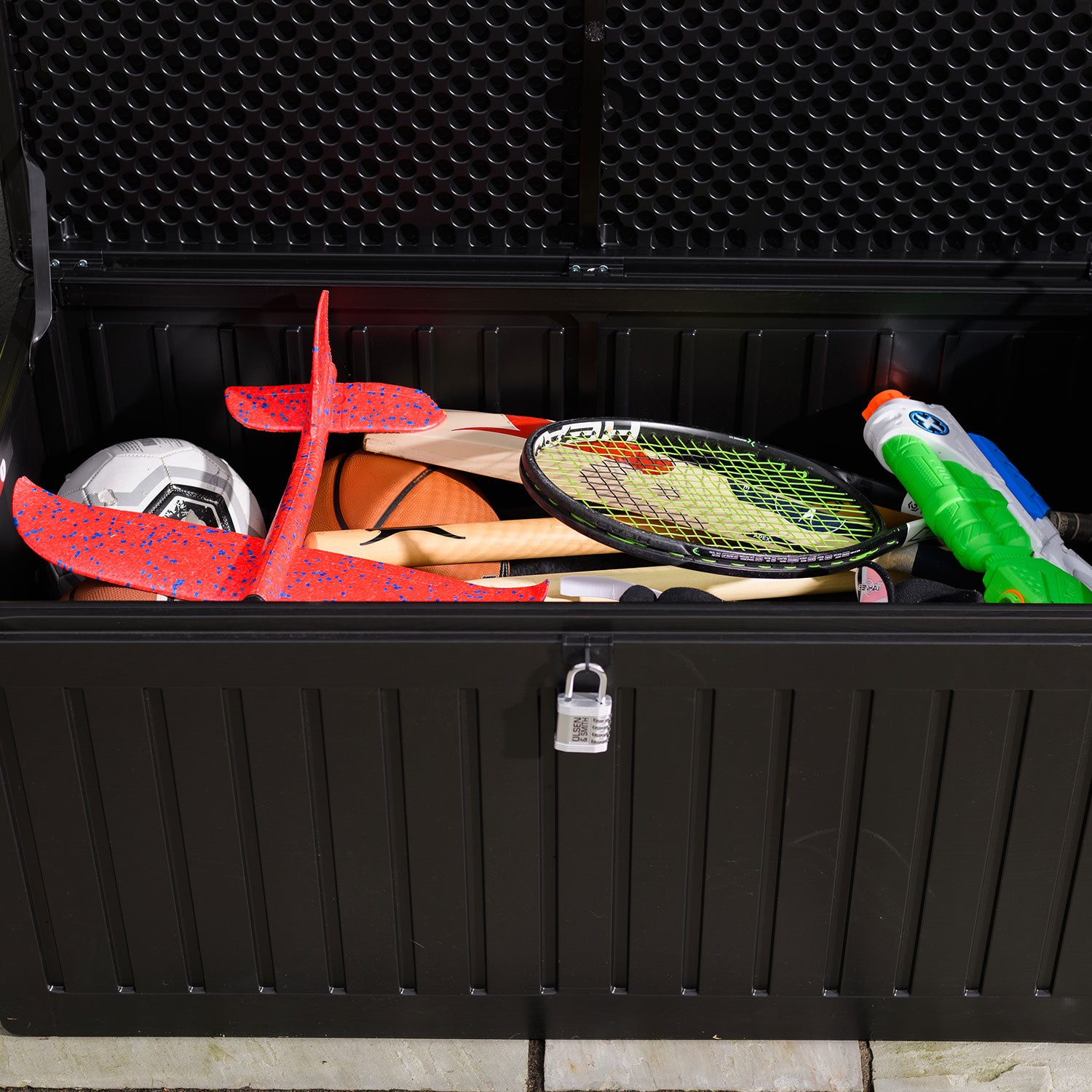 Olsen & Smith 270L Sit-On Outdoor Garden Storage Box Shed With Padlock - Weatherproof with Wood Effect Chest (270 Litre, Black)