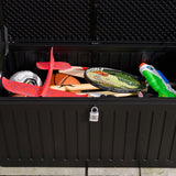 Olsen & Smith 270L Sit-On Outdoor Garden Storage Box Shed With Padlock - Weatherproof with Wood Effect Chest (270 Litre, Black)